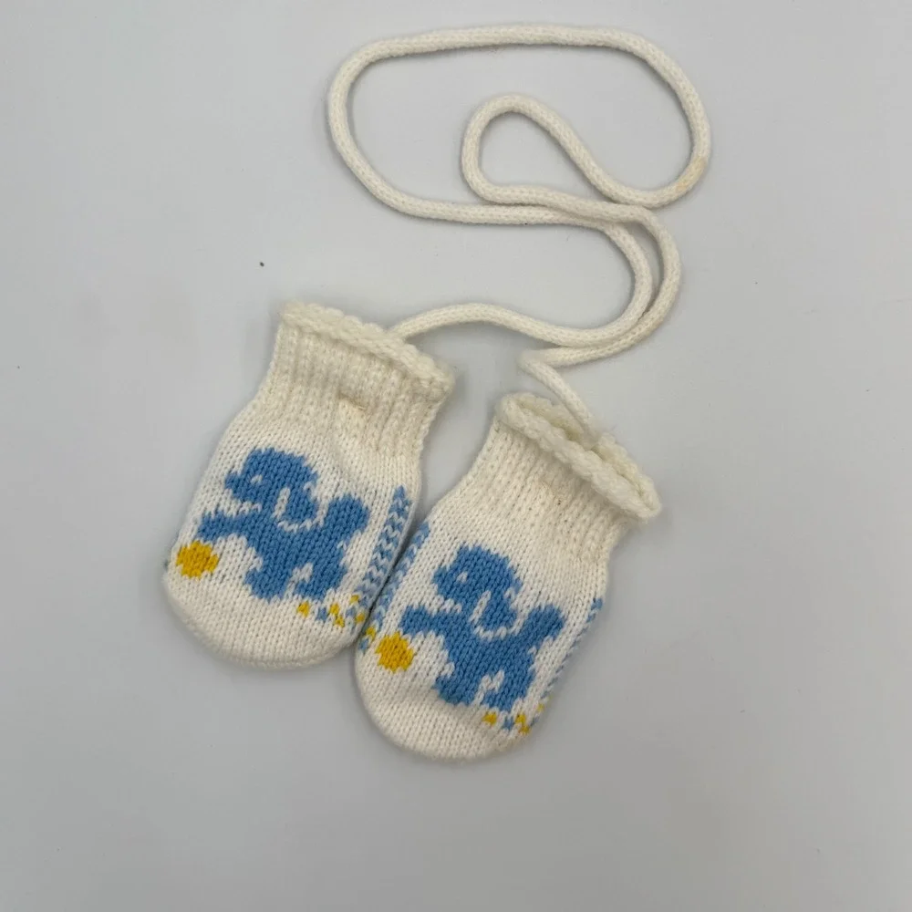 Vtg Knit Baby Mittens | Blue Dog‎ Motif | Infant Size | 1950-60s Era Mid-Century